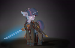 Size: 5512x3543 | Tagged: safe, artist:china consists of them!, imported from derpibooru, twilight sparkle, boots, clothes, gray background, grumpy, looking at you, pinpoint eyes, shoes, simple background, sword, warhammer (game), warhammer 40k, weapon