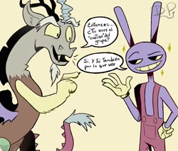 Size: 2048x1745 | Tagged: safe, artist:dumbpython, imported from derpibooru, discord, anthro, draconequus, rabbit, animal, crossover, dialogue, duo, duo male, emanata, grin, jax (tadc), male, open mouth, open smile, pointing, signature, simple background, smiling, spanish, sparkles, speech bubble, the amazing digital circus, translated in the description