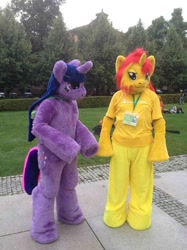 Size: 979x1306 | Tagged: safe, imported from derpibooru, sunset shimmer, twilight sparkle, 2014, duo, fursuit, galacon, irl, outdoors, photo, ponysuit