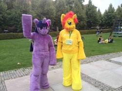 Size: 1306x979 | Tagged: safe, imported from derpibooru, sunset shimmer, twilight sparkle, 2014, duo, fursuit, galacon, irl, outdoors, photo, ponysuit