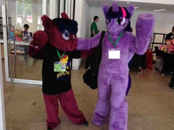 Size: 1306x979 | Tagged: safe, imported from derpibooru, twilight sparkle, 2014, duo, fursuit, galacon, indoors, irl, oc name needed, photo, ponysuit