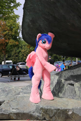 Size: 1824x2736 | Tagged: safe, artist:atalonthedeer, imported from derpibooru, firefly, 2014, fountain, fursuit, g1, galacon, hat, outdoors, ponysuit, solo