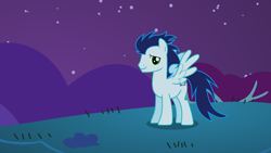 Size: 2560x1440 | Tagged: safe, imported from derpibooru, soarin', pegasus, pony, background, night, smiling, solo