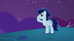 Size: 2560x1440 | Tagged: safe, imported from derpibooru, screencap, soarin', pegasus, pony, night, shy, smiling, solo