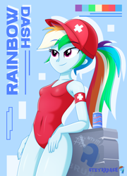 Size: 1300x1802 | Tagged: safe, artist:steyrrdash, imported from derpibooru, rainbow dash, human, equestria girls, cap, clothes, hat, legs together, one-piece swimsuit, red swimsuit, solo, swimsuit