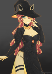 Size: 3307x4677 | Tagged: safe, artist:deeemperor, imported from derpibooru, sunset shimmer, equestria girls, black background, breasts, busty sunset shimmer, choker, clothes, cute, dress, ears, grin, hair over one eye, nail polish, ponied up, shimmerbetes, simple background, smiling, solo, witch, witch costume