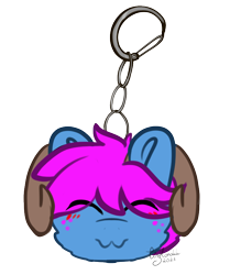 Size: 662x793 | Tagged: artist needed, safe, imported from derpibooru, oc, oc only, oc:bliss, oc:puffy bliss, earth pony, pony, :3, closed mouth, commission, cute, eyes closed, eyes over hair, goat horns, hair over eyes, horns, keychain, simple background, smiling, solo, transparent background, ych result, your character here