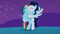 Size: 2560x1440 | Tagged: safe, imported from derpibooru, rainbow dash, soarin', pegasus, pony, duo, duo male and female, female, hug, male, night, shipping, soarindash, straight