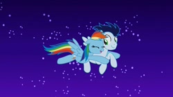 Size: 2560x1440 | Tagged: safe, imported from derpibooru, rainbow dash, soarin', pegasus, pony, daring don't, duo, duo male and female, female, flying, hug, male, my little pony, night, shipping, soarindash, straight