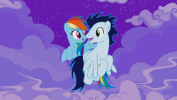 Size: 2560x1440 | Tagged: safe, imported from derpibooru, rainbow dash, soarin', pegasus, pony, duo, duo male and female, female, flying, male, night, shipping, soarindash, straight