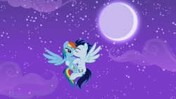 Size: 2560x1440 | Tagged: safe, imported from derpibooru, rainbow dash, soarin', pegasus, pony, duo, duo male and female, female, flying, male, moon, night, shipping, soarindash, straight