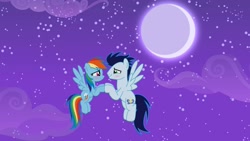 Size: 2560x1440 | Tagged: safe, imported from derpibooru, rainbow dash, soarin', pegasus, pony, blushing, duo, duo male and female, female, flying, male, moon, night, shipping, soarindash, straight