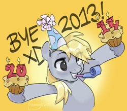 Size: 1577x1382 | Tagged: safe, artist:llemoncurdll, imported from derpibooru, derpy hooves, pegasus, pony, candle, derp, derpy being derpy, eye clipping through hair, female, food, happy, happy new year, happy new year 2024, hat, holiday, mare, muffin, noisemaker, party hat, party horn, simple background, smiling, solo, yellow background