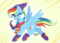 Size: 4093x2894 | Tagged: safe, artist:julunis14, imported from derpibooru, part of a set, rainbow dash, pegasus, pony, cheek fluff, chest fluff, clothes, digital, ear fluff, female, hat, leg fluff, mare, one eye closed, open mouth, open smile, running, scarf, signature, simple background, smiling, snow, snowball, socks, solo, spread wings, tail, wings, wink, winter hat, winter outfit