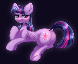 Size: 3697x3027 | Tagged: safe, artist:e-boi, imported from derpibooru, twilight sparkle, alicorn, pony, blushing, butt, dock, eyebrows, eyebrows visible through hair, female, folded wings, high res, horn, lidded eyes, lying down, mare, plot, signature, smiling, solo, tail, twibutt, twilight sparkle (alicorn), underhoof, wings