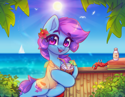 Size: 4000x3100 | Tagged: safe, artist:radioaxi, imported from derpibooru, oc, oc only, oc:nohra, crab, earth pony, pony, beach, coconut cup, commission, crepuscular rays, earth pony oc, eyebrows, eyebrows visible through hair, female, flower, flower in hair, high res, hoof hold, looking at you, mare, ocean, open mouth, open smile, outdoors, sky, smiling, smiling at you, solo, summer, sun, water, watermark, ych result