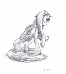 Size: 3495x3928 | Tagged: safe, artist:the-wizard-of-art, imported from derpibooru, fluttershy, pegasus, pony, 2011, black and white, female, grayscale, high res, mare, monochrome, pencil drawing, simple background, sitting, sketch, solo, traditional art, white background, wings