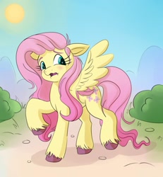 Size: 1500x1620 | Tagged: safe, artist:nedemai, imported from derpibooru, fluttershy, pegasus, pony, :s, blushing, bush, colored hooves, female, floppy ears, g4 to g5, g5, generation leap, hooves, looking at self, looking sideways, mare, my little pony: a new generation, open mouth, outdoors, raised hoof, raised leg, solo, spread wings, standing, standing on two hooves, sun, unshorn fetlocks, wavy mouth, wings