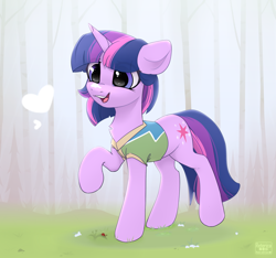 Size: 2462x2304 | Tagged: safe, artist:radioaxi, imported from derpibooru, twilight sparkle, insect, ladybug, pony, unicorn, winter wrap up, chest fluff, clothes, cute, female, grass, heart, high res, horn, mare, my little pony, open mouth, open smile, raised hoof, raised leg, shirt, smiling, solo, standing on two hooves, tree, twiabetes, unicorn twilight, winter wrap up vest