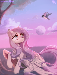 Size: 1100x1450 | Tagged: safe, artist:hakkerman, imported from derpibooru, fluttershy, bird, pegasus, pony, tit (bird), female, full moon, grass, looking at something, looking up, mare, moon, outdoors, raised hoof, sitting, solo, spread wings, three quarter view, tree, turned head, wings, wings down