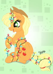 Size: 2894x4093 | Tagged: safe, artist:julunis14, imported from derpibooru, part of a set, applejack, earth pony, pony, applejack's hat, christmas, christmas lights, cowboy hat, digital, female, freckles, hat, holiday, lights, mare, open mouth, open smile, signature, simple background, sitting, smiling, solo, string lights, tangled up