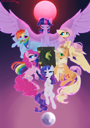 Size: 3508x4961 | Tagged: safe, artist:hakkerman, imported from derpibooru, applejack, fluttershy, pinkie pie, rainbow dash, rarity, twilight sparkle, alicorn, earth pony, pegasus, pony, unicorn, applejack's hat, book, book of harmony, chest fluff, cowboy hat, ear fluff, eyes closed, female, group, group shot, hat, horn, large wings, mane six, mare, moon, open mouth, open smile, sextet, signature, simple background, smiling, spread wings, sun, twilight sparkle (alicorn), wings