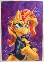 Size: 2806x3942 | Tagged: safe, artist:jsunlight, imported from derpibooru, sunset shimmer, pony, unicorn, chest fluff, clothes, horn, jacket, passepartout, solo, traditional art, watercolor painting