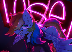 Size: 1690x1229 | Tagged: safe, artist:hakkerman, imported from derpibooru, rainbow dash, pegasus, pony, clothes, ear fluff, ear piercing, earring, female, glowing, glowing eyes, jewelry, looking at you, mare, neon, piercing, signature, solo, spread wings, suit, text, wings