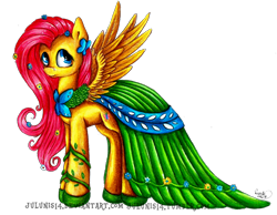 Size: 1996x1549 | Tagged: safe, artist:julunis14, imported from derpibooru, fluttershy, pegasus, pony, clothes, dress, female, gala dress, mare, simple background, solo, spread wings, traditional art, transparent background, wings