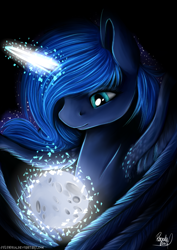 Size: 2893x4092 | Tagged: safe, artist:julunis14, imported from derpibooru, princess luna, alicorn, pony, feather, female, full moon, glowing, glowing horn, horn, macro, magic, mare, moon, solo, tangible heavenly object