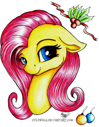 Size: 1704x2192 | Tagged: safe, artist:julunis14, imported from derpibooru, fluttershy, pegasus, pony, bust, cute, female, floppy ears, gift art, holly, looking at you, mare, portrait, shyabetes, simple background, smiling, smiling at you, solo, stray strand, traditional art, transparent background