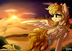 Size: 4093x2894 | Tagged: safe, artist:julunis14, imported from derpibooru, oc, oc only, oc:darkhorse, pegasus, pony, cloud, cross, dark sky, desert, digital art, female, mare, scenery, smiling, solo, spread wings, stars, sun, sunset, wind, wings