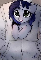 Size: 1474x2160 | Tagged: safe, artist:radioaxi, imported from derpibooru, oc, oc only, oc:moonsonat, human, pony, unicorn, clothes, duo, female, hoodie, horn, mare, open mouth, open smile, smiling, sweatshirt