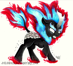 Size: 1851x1664 | Tagged: safe, artist:julunis14, imported from derpibooru, autumn blaze, kirin, nirik, sounds of silence, angry, blank eyes, female, horn, mane of fire, my little pony, raised hoof, simple background, solo, traditional art, white background