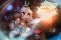 Size: 2450x1600 | Tagged: safe, artist:radioaxi, imported from derpibooru, oc, oc only, butterfly, cat, dragonfly, insect, pony, art trade, chest fluff, clothes, crown, cup, duo, eye clipping through hair, female, fire, fireplace, jewelry, looking at something, magic, mare, open mouth, open smile, regalia, ship, smiling, socks, striped socks, underhoof, unshorn fetlocks