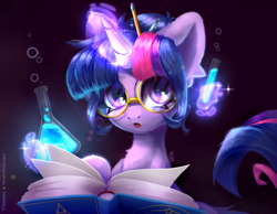 Size: 4500x3500 | Tagged: safe, artist:radioaxi, artist:wyvernthedragon, imported from derpibooru, twilight sparkle, alicorn, pony, :o, book, collaboration, cute, erlenmeyer flask, female, flask, glasses, glowing, glowing horn, hair bun, high res, horn, levitation, looking at you, magic, magic aura, mare, open mouth, pen, pencil, potion, round glasses, science, solo, telekinesis, test tube, twiabetes, twilight sparkle (alicorn)