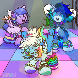 Size: 2100x2100 | Tagged: safe, artist:audreen, imported from derpibooru, oc, oc only, pony, dancing, indoors, open mouth, open smile, smiling, trio