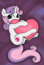 Size: 1536x2244 | Tagged: safe, artist:mfg637, imported from derpibooru, sweetie belle, pony, unicorn, ai interpretation, cute, diasweetes, digital art, dock, female, filly, foal, heart, heart pillow, horn, hug, pillow, pillow hug, solo, tail