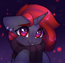 Size: 3609x3500 | Tagged: safe, artist:radioaxi, imported from derpibooru, oc, oc only, pony, unicorn, clothes, female, high res, horn, looking at you, mare, scarf, smiling, smiling at you, solo, unicorn oc