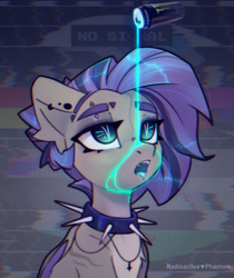 Size: 2858x3399 | Tagged: safe, artist:radioaxi, imported from derpibooru, oc, oc only, oc:poisoned calluna, bat pony, pony, bat pony oc, bat wings, bust, can, choker, cross, drink, energy drink, female, folded wings, high res, inverted cross, jewelry, mare, monster energy, necklace, open mouth, signature, slit pupils, solo, spiked choker, wings