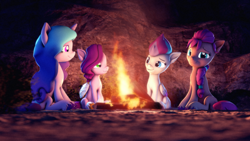 Size: 3840x2160 | Tagged: safe, artist:psfmer, imported from derpibooru, izzy moonbow, pipp petals, sunny starscout, zipp storm, earth pony, pegasus, pony, unicorn, 3d, braid, braided ponytail, campfire, female, folded wings, g5, high res, horn, looking at you, lucky bastard, mare, my little pony: a new generation, night, offscreen character, outdoors, ponytail, scene interpretation, sitting, source filmmaker, unshorn fetlocks, wings