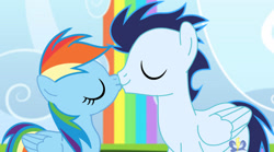 Size: 1280x711 | Tagged: safe, artist:soarindasher10, imported from derpibooru, rainbow dash, soarin', pegasus, pony, female, kiss on the lips, kissing, male, mare, shipping, soarindash, stallion, straight