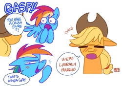 Size: 1401x998 | Tagged: safe, artist:jellynut, imported from derpibooru, applejack, rainbow dash, earth pony, pegasus, pony, :o, appledash, applejack's hat, blushing, cowboy hat, dialogue, duo, duo female, female, hat, lesbian, mare, open mouth, ponytail, shipping, signature, simple background, smiling, speech bubble, surprised, talking, text, white background