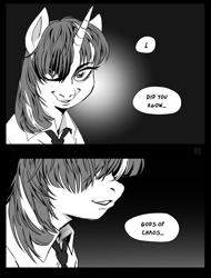 Size: 1556x2048 | Tagged: safe, artist:jellynut, imported from derpibooru, twilight sparkle, pony, 2 panel comic, black and white, comic, crossover, death note, female, grayscale, horn, light yagami, mare, monochrome, solo, speech bubble, talking