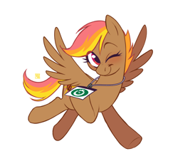 Size: 2048x1911 | Tagged: safe, artist:jellynut, imported from derpibooru, oc, oc only, oc:mocha sunrise, pegasus, pony, female, looking at you, mare, one eye closed, pegasus oc, simple background, smiling, smiling at you, solo, spread wings, white background, wings, wink, winking at you