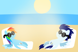 Size: 1935x1285 | Tagged: safe, anonymous artist, derpibooru exclusive, imported from derpibooru, rainbow dash, soarin', pegasus, pony, series:soarindash honeymoon, series:soarindash romantic tales, beach, duo, duo male and female, female, glasses, male, mare, pointy ponies, shipping, soarindash, stallion, straight, sun