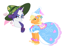 Size: 4000x3000 | Tagged: safe, artist:jellynut, imported from derpibooru, applejack, rarity, earth pony, pony, unicorn, griffon the brush off, look before you sleep, beach hat, bow, clothes, dress, duo, duo female, embarrassed, eyeshadow, fancy, female, flower, flower in hair, freckles, froufrou glittery lacy outfit, hat, hennin, horn, jewelry, makeup, mare, my little pony, necklace, pearl necklace, princess, puffy sleeves, simple background, white background