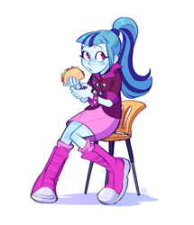 Size: 1760x2048 | Tagged: safe, artist:jellynut, imported from derpibooru, sonata dusk, human, equestria girls, boots, chair, clothes, eating, female, food, shoes, simple background, sitting, solo, sonataco, taco, white background