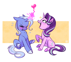 Size: 2048x1782 | Tagged: safe, artist:jellynut, artist:jellynut1111, imported from derpibooru, starlight glimmer, trixie, pony, unicorn, blushing, colored hooves, cute, diatrixes, duo, duo female, eyes closed, female, glimmerbetes, glowing, glowing horn, heart, hooves, horn, lesbian, looking at something, magic, magic aura, mare, open mouth, open smile, passepartout, raised hoof, shipping, sitting, smiling, startrix, straining, sweat, sweatdrop