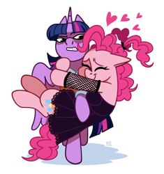 Size: 1929x2048 | Tagged: safe, artist:jellynut, imported from derpibooru, pinkie pie, twilight sparkle, alicorn, earth pony, pony, clothes, crossover, death note, disgusted, dress, duo, duo female, eyes closed, female, fishnet clothing, frown, heart, holding, lesbian, mare, shipping, simple background, smiling, twilight sparkle (alicorn), twinkie, white background